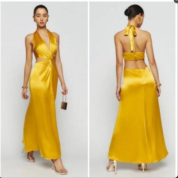 Reformation Dresses & Skirts - Reformation Silk Halter Maxi Dress Sz 4 Gold Cutout Backless Formal Evening Luxe